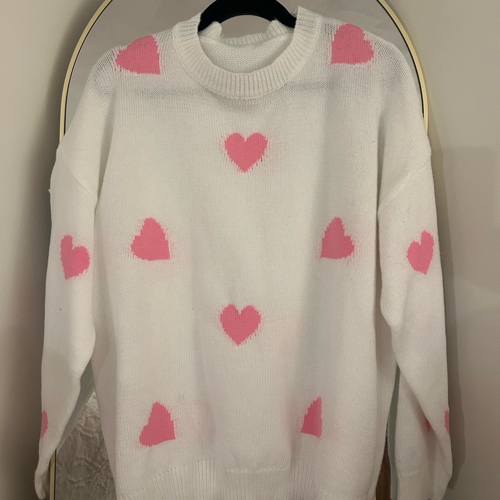 White and Pink Heart Sweater